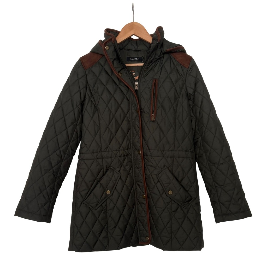 Lauren Ralph Lauren Equestrian Quilted Jacket Olive Green Faux Leather Hooded S